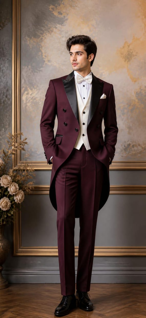 Men's Burgundy Tailcoat Tuxedo – Victorian Slim Fit Formal Wedding Suit