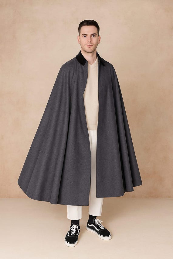 Men's Gray Wool Inverness Cape Coat: Victorian Style Regency Cloak, Long Frock Coat