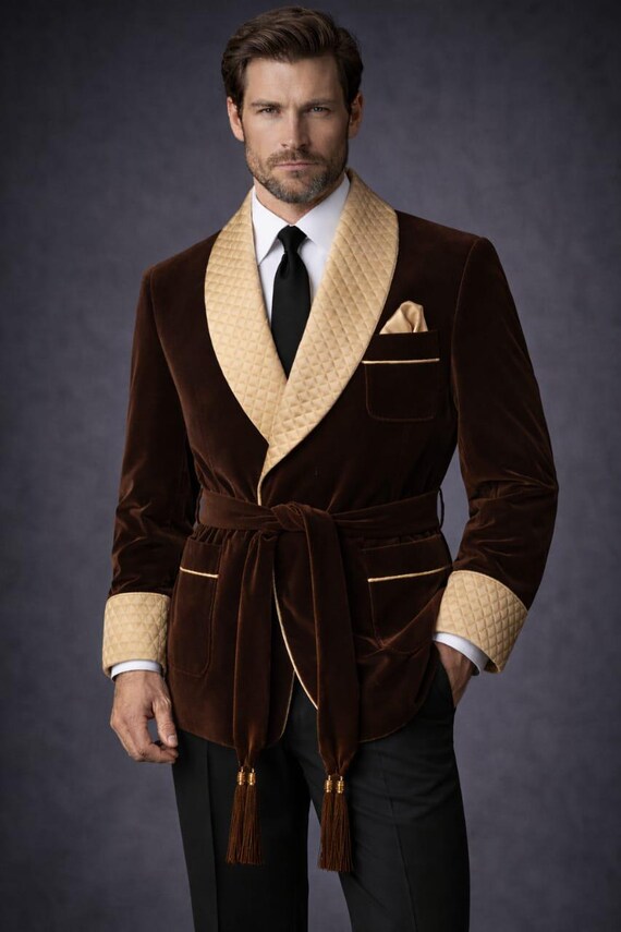 Men’s Velvet Smoking Jacket Robe – Luxury Quilted Shawl Collar Blazer, Victorian Gentleman Evening Wear Coat