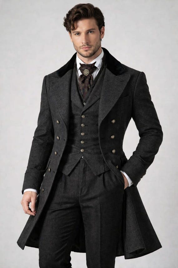 Men's Charcoal Wool Tailcoat Suit, Double Breasted Victorian Formal Jacket