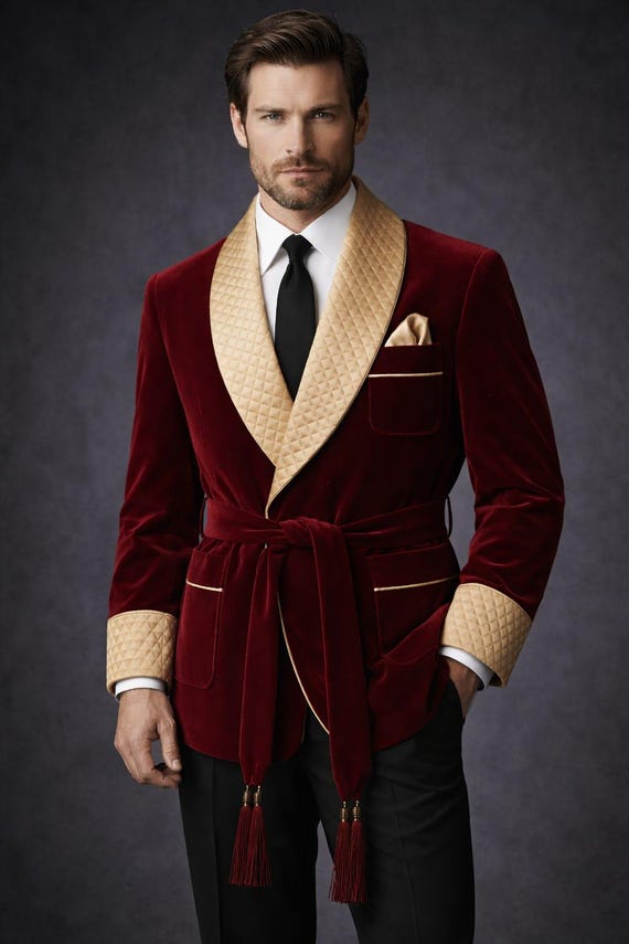 Men’s Burgundy Velvet Smoking Jacket – Luxury Quilted Shawl Collar Robe Blazer , Victorian Gentleman Evening Wear , Wedding & Formal Coat