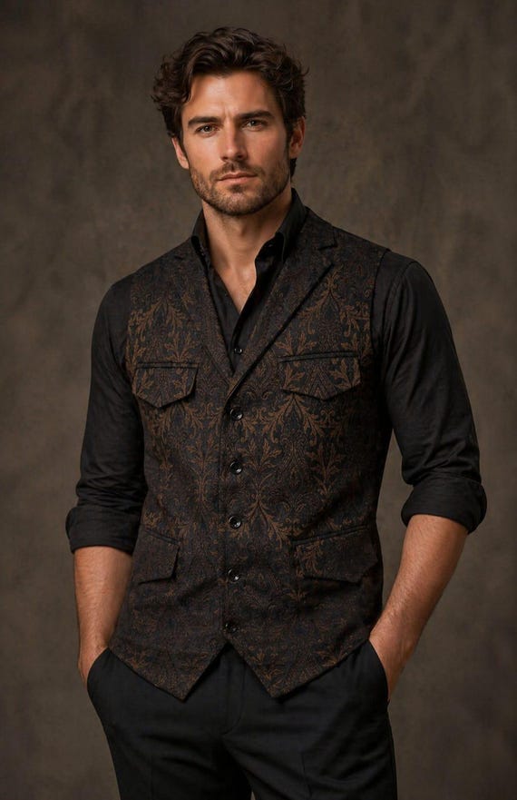 Men's Gothic Brown Brocade Waistcoat, Victorian Steampunk Vest, Regency Gentleman Formal Wear