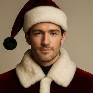 May include: A burgundy Santa hat with white faux fur trim and a black pom-pom. The hat is worn with a burgundy coat featuring a white faux fur collar. The outfit has a festive holiday theme.
