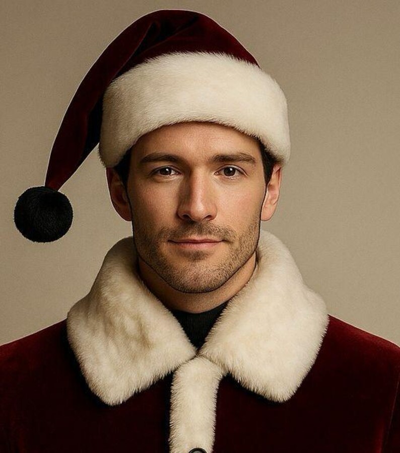 May include: A burgundy Santa hat with white faux fur trim and a black pom-pom. The hat is worn with a burgundy coat featuring a white faux fur collar. The outfit has a festive holiday theme.