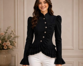 Black Victorian Ruffle Jacket, Gothic Peplum Blazer, Steampunk Tailcoat, Puff Sleeve Coat