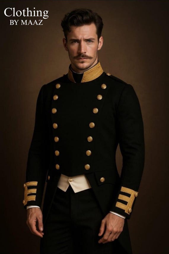 Handmade Wool Regency Coat, Black Military Style with Golden Buttons