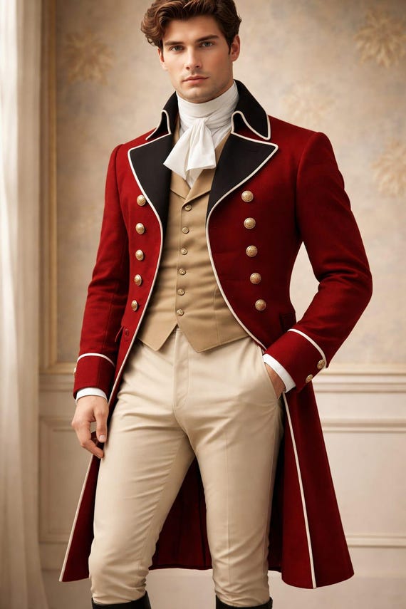 Men's Victorian Red Wool Blend Tailcoat, Regency Military Style Blazer