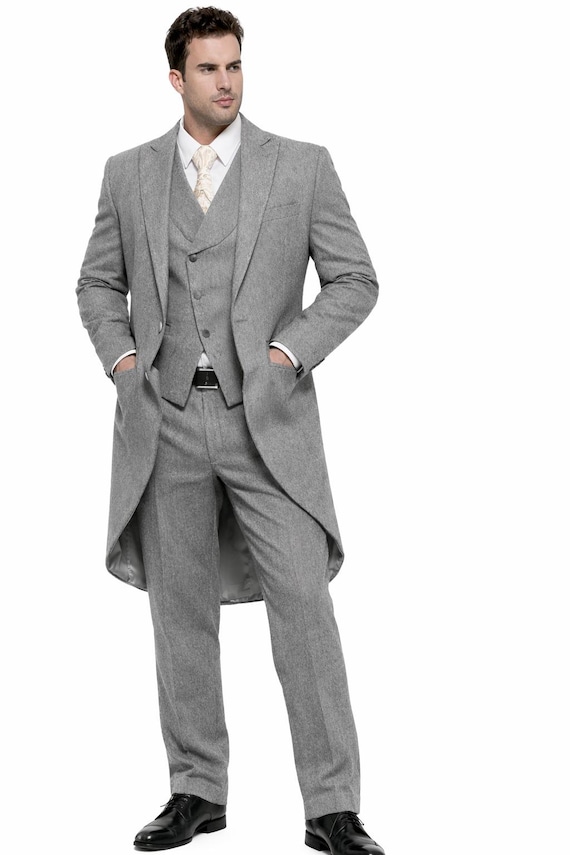 Men's Grey Wool Tailcoat Suit | 3-Piece Victorian Wedding Outfit