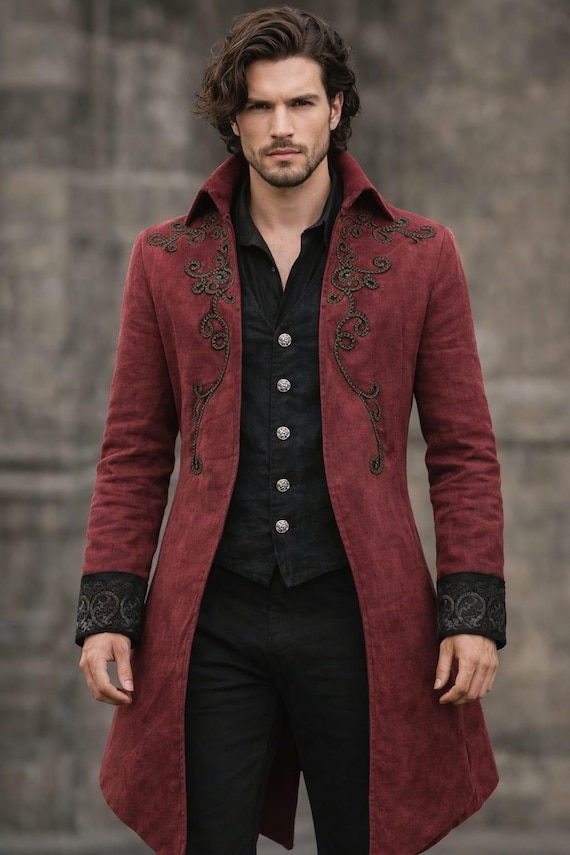 Embroidered Linen Frock Coat, Victorian Gothic Tailcoat, Steampunk Outerwear