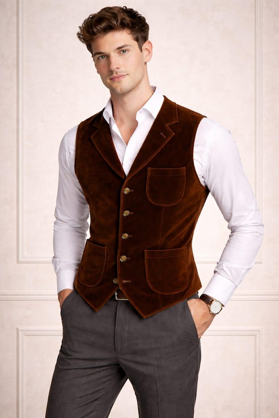 Brown Velvet Waistcoat, Vintage Style Slim Fit Formal Vest, Victorian Groom Wedding