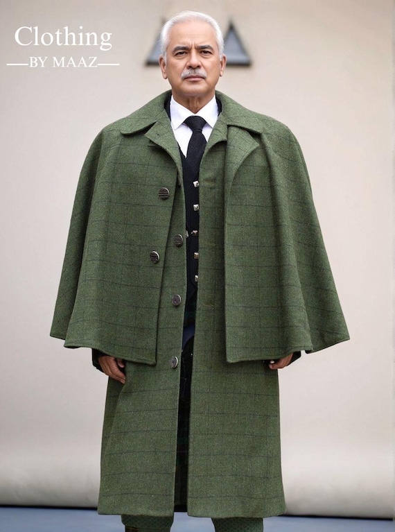 Handmade Green Tweed Inverness Cape Coat: Victorian Style Winter Outerwear
