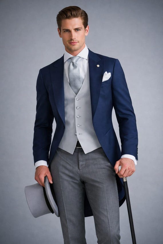 Navy Blue Morning Tailcoat Suit – Vintage Groom Wedding Formal Tuxedo Coat Set