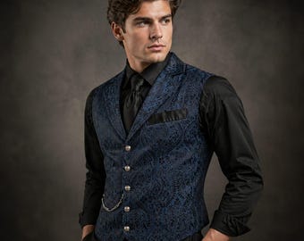 Navy Blaue Paisley Brokat Weste - Victorian Style Slim Fit Weste