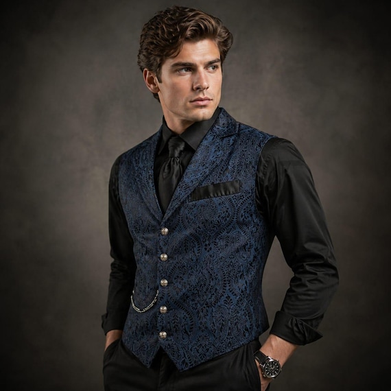Navy Blue Paisley Brocade Vest – Victorian Style Slim Fit Waistcoat