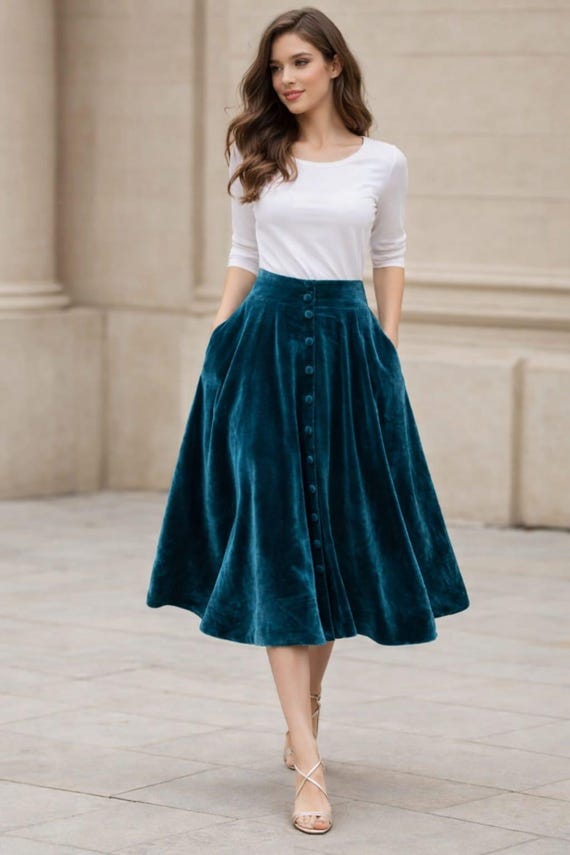 Teal Velvet Midi Skirt, High Waist A-Line, Vintage Style