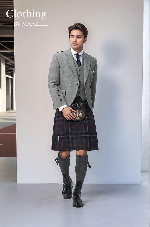 Scottish Gray Tweed Jacket: Handmade Wool Kilt Wedding Coat