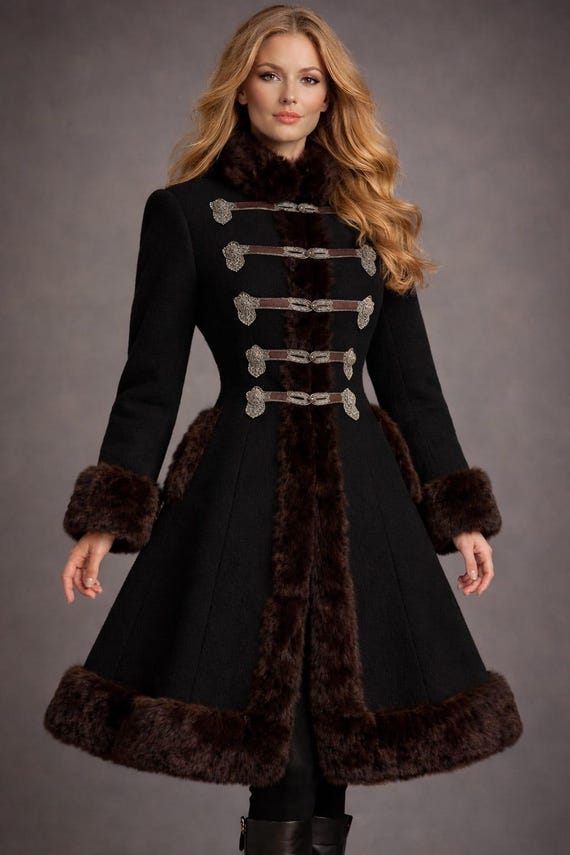 Victorian Gothic Wool Coat – Black Faux Fur Trim, Military Style