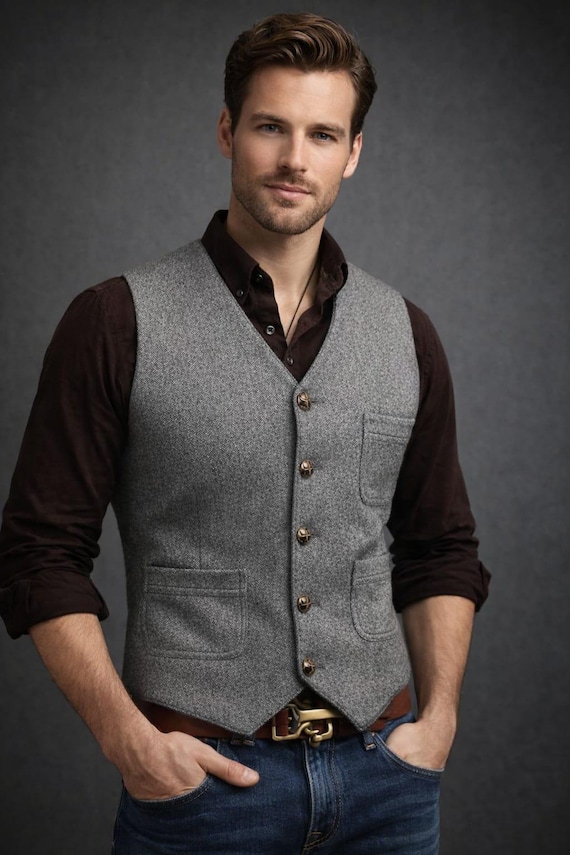 Men's Grey Tweed Vest, Slim Fit Vintage Style, Gentleman Formal Wear