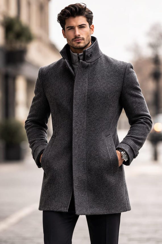 Men's Charcoal Grey Wool Blend Overcoat, Slim Fit Business Trench Style Jacket