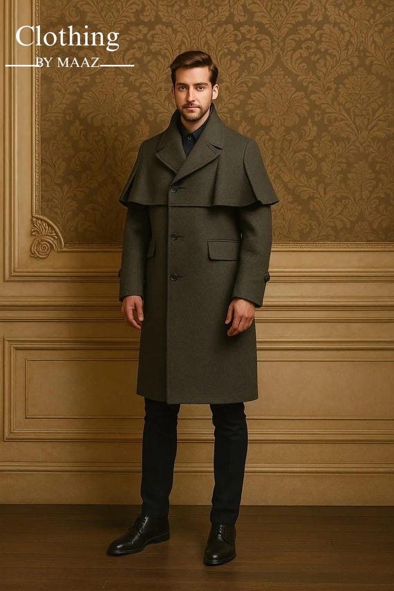 Handmade Gray Wool Inverness Cape Coat: Victorian Regency Style