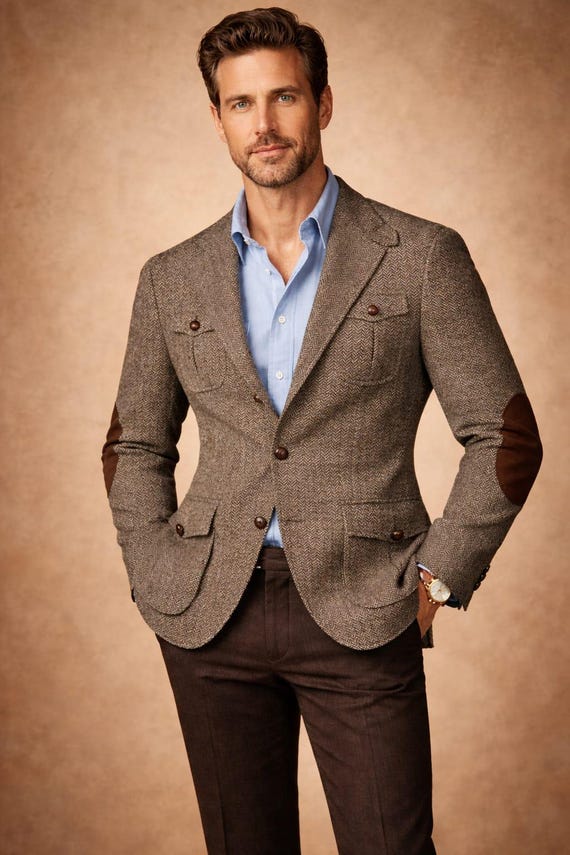 Men's Brown Herringbone Tweed Blazer, Suede Elbow Patches, Vintage Style Wool Sport Coat