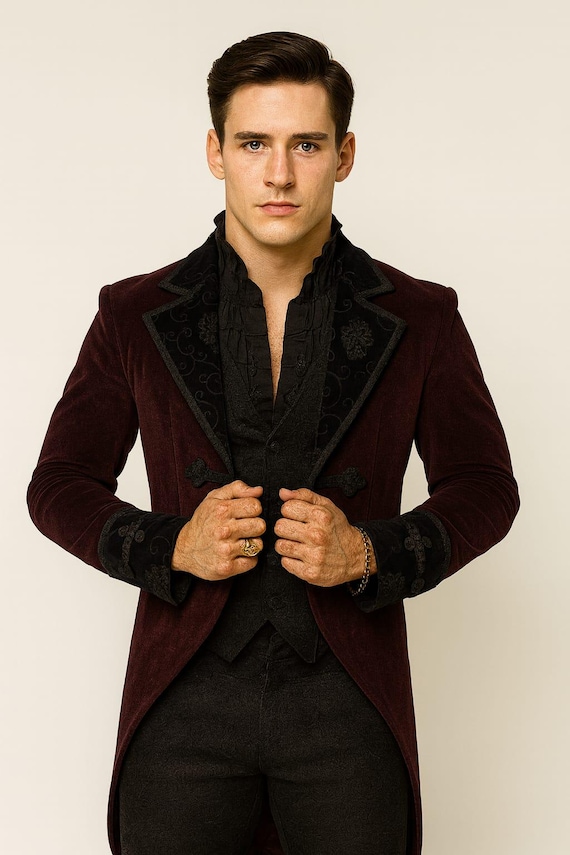 Men’s Victorian Velvet Tailcoat ,Gothic Steampunk Long Coat ,Renaissance  Costume Jacket ,Regency Formal Coat ,Halloween Cosplay Outfit ,CBM