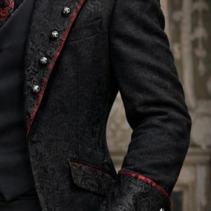 Men’s Gothic Black Victorian Coat – Steampunk Tailcoat Jacket with Red Brocade Vest – Vampire Wedding Long Blazer Costume