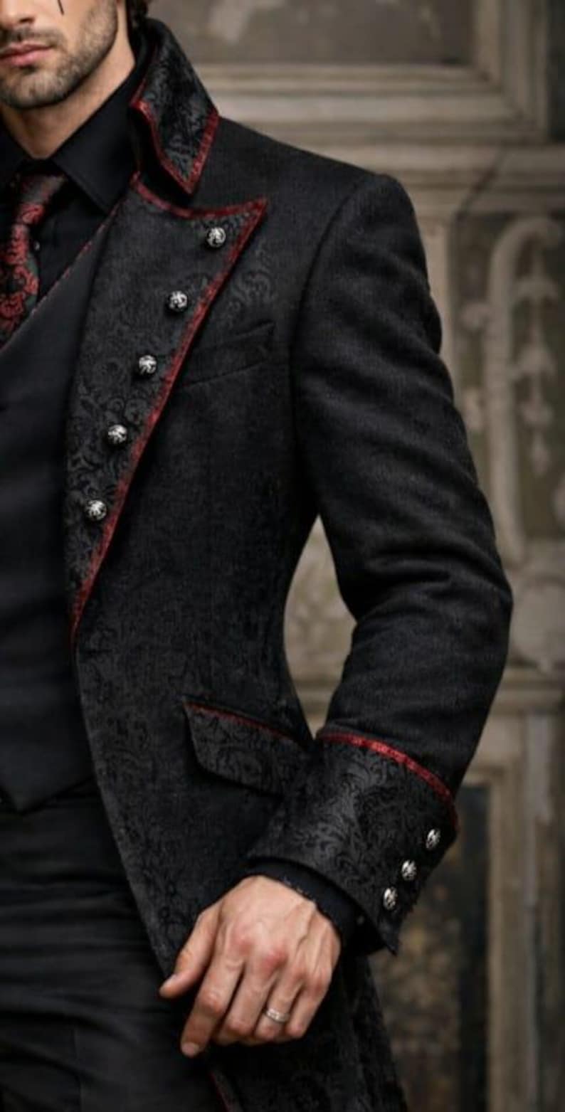 Men’s Gothic Black Victorian Coat – Steampunk Tailcoat Jacket with Red Brocade Vest – Vampire Wedding Long Blazer Costume