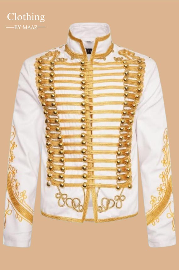 Handmade Men's Hussar Jacket: White Tunic with Gold Braiding