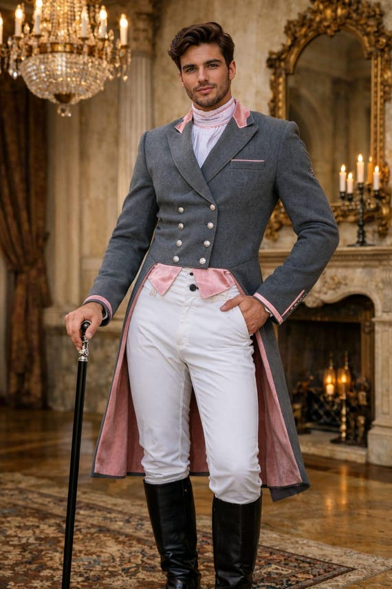 Men's Victorian Tailcoat Grey Pink Trim, Regency Style Frock Coat, Wedding Outfit Jacket