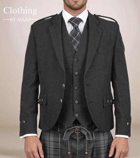 Men's Scottish Tweed Kilt Jacket: Charcoal Grey Wool Wedding Outfit