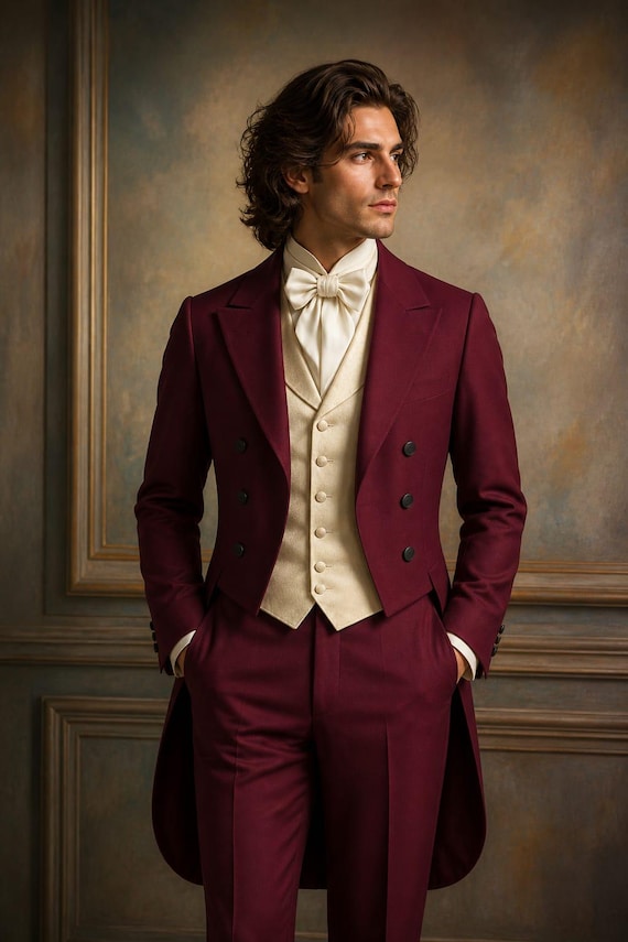 Men’s Burgundy Tailcoat Suit with Gold Waistcoat – Double Breasted Vintage Wedding & Formal Tuxedo