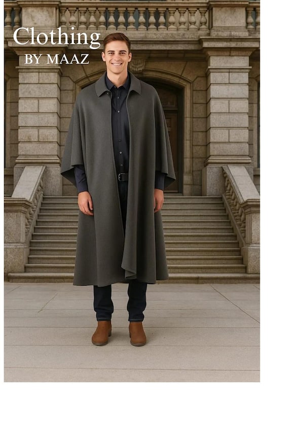 Men's Wool Hooded Inverness Cape Coat , Full-Length gray Duster Cloak Coat , Winter Outerwear , CBM