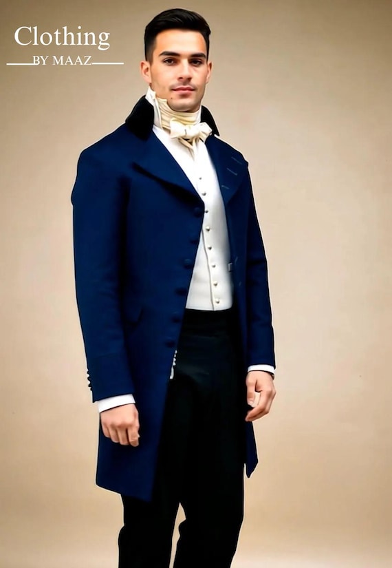 Handmade Men's Regency Blue Wool Tailcoat: 19th Century Double Breasted Coat