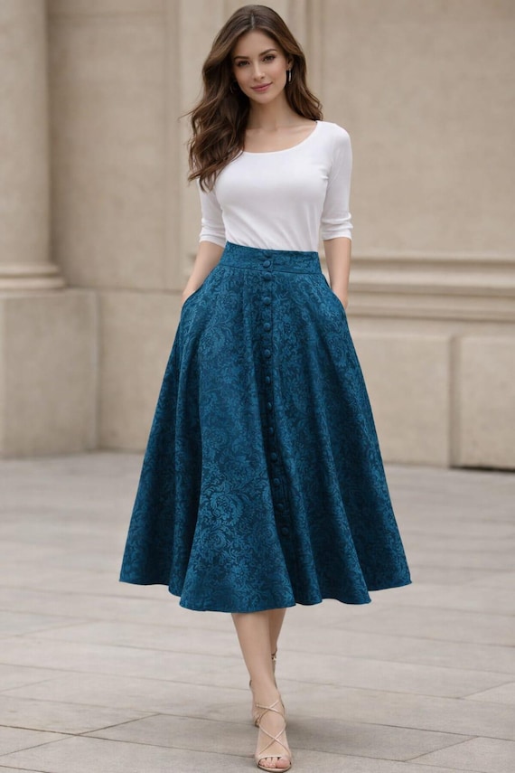 Teal Floral Damask Midi Skirt, High Waist Victorian Style