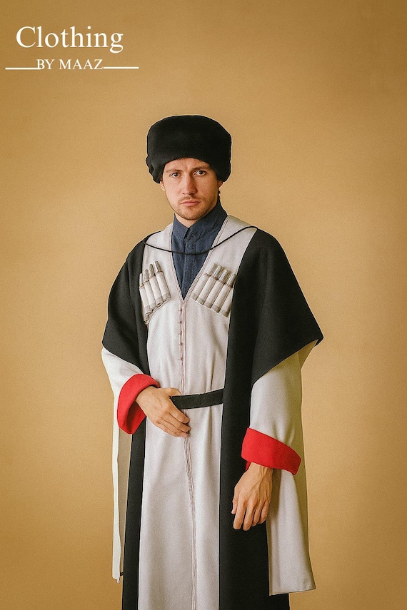 Men's White Wool Cossack Coat, Russian Military Costume