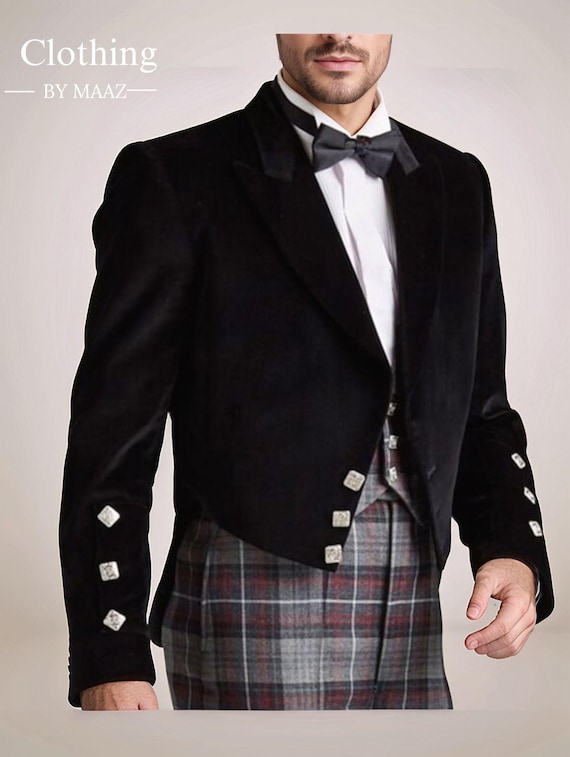 Men's Scottish Prince Charlie Kilt Jacket: Black Velvet Formal Wear