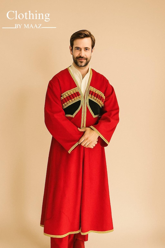 Men's Red Cossack Wool Coat, Gold Braiding, Russian Costume