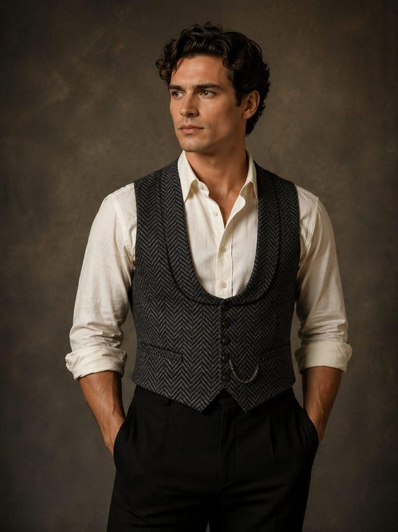 Grey Herringbone Tweed Waistcoat – Vintage Wool Blend Vest, Classic Formal Gilet