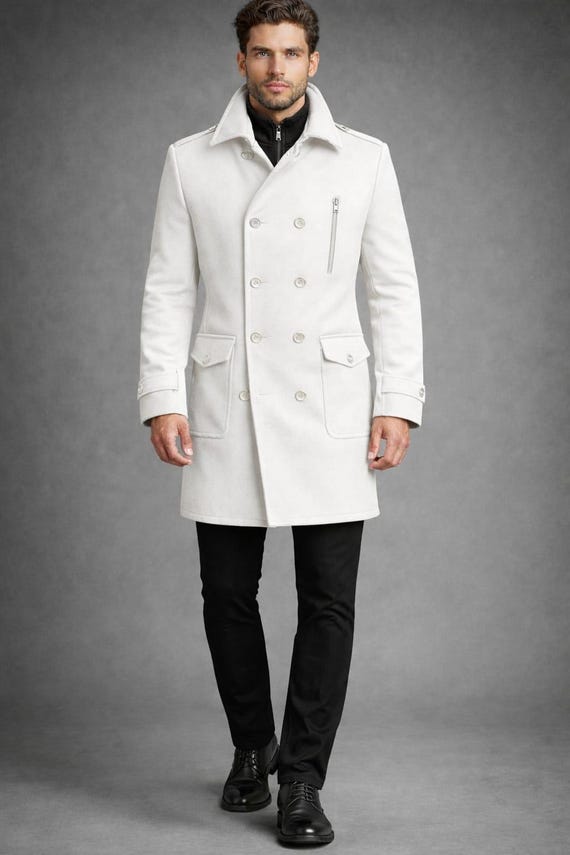 Men's White Wool Overcoat, Double Breasted Formal Winter Coat