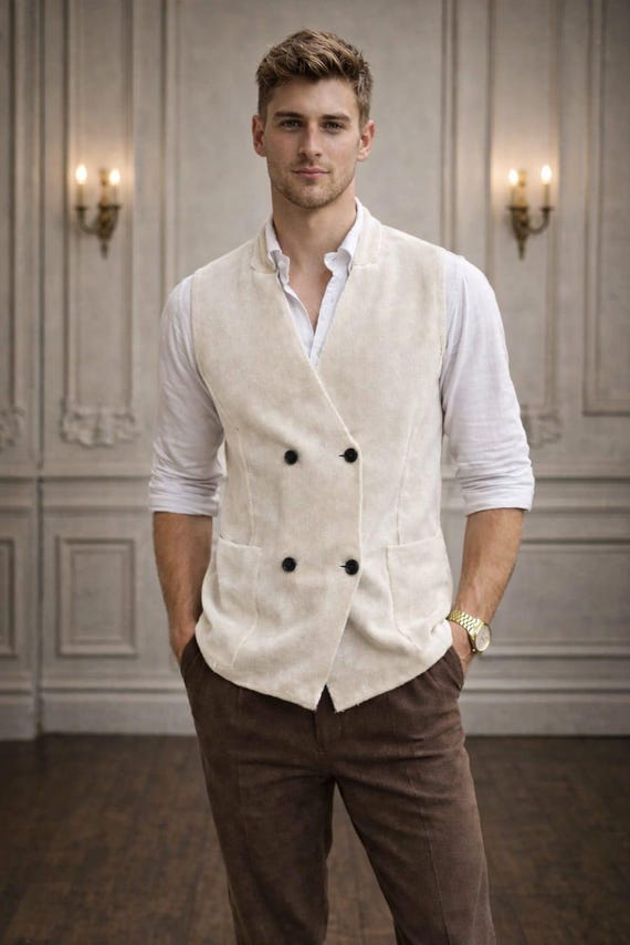 Elegant Groom Outfit with Beige Waistcoat and White Shirt – Modern Wedding Style Inspiration
