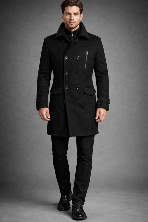 Men's Black Wool Double Breasted Overcoat, Slim Fit Trench Coat