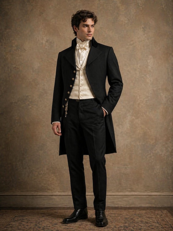 Regency Tailcoat Suit, Victorian Black Frock Coat, Gothic Wedding Mens Costume
