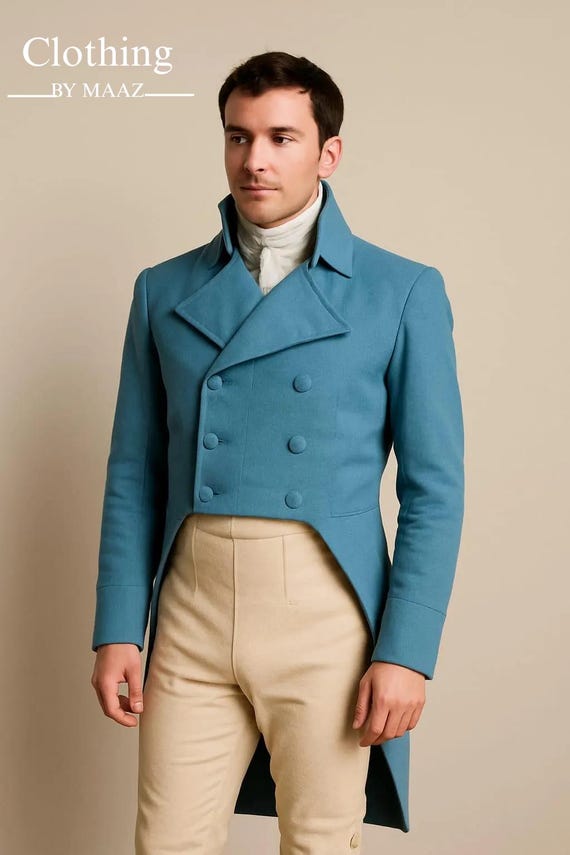Handmade Sky Blue Wool Regency Tailcoat Outfit: 19th Century Costume