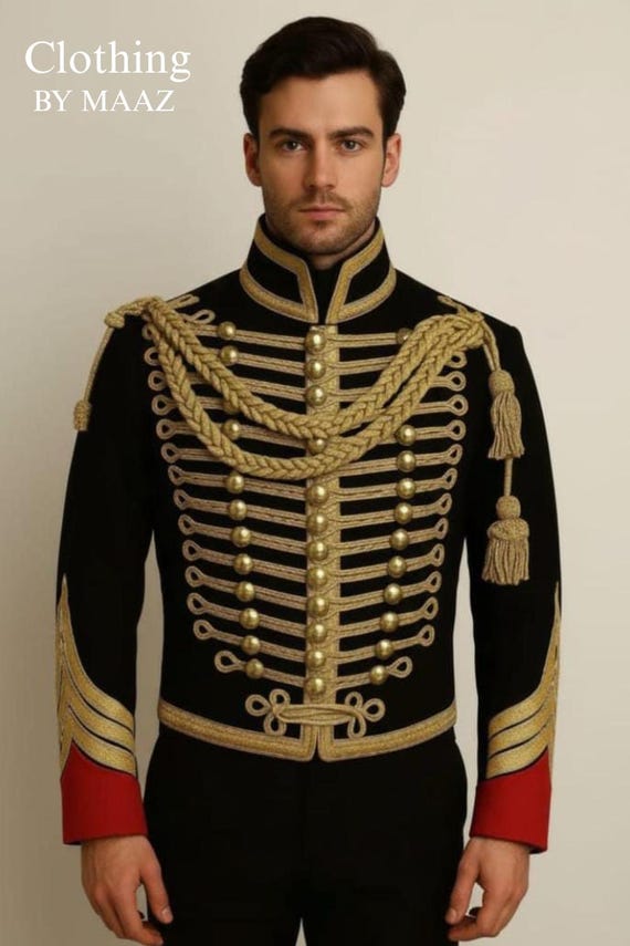 Men’s Victorian Military Jacket | Black & Gold Parade Coat | Royal Hussar Uniform Costume | Steampunk Regency Tailcoat