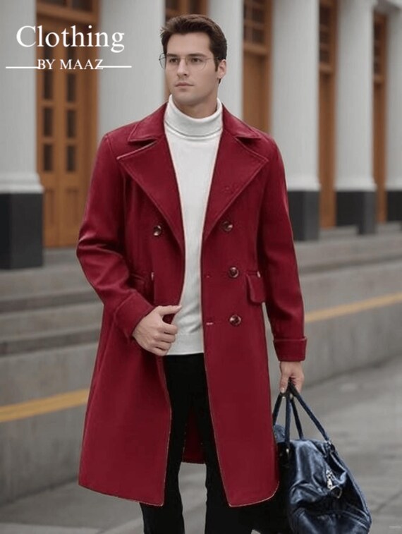 Handmade Victorian Maroon Wool Overcoat - Men's Winter Outerwear