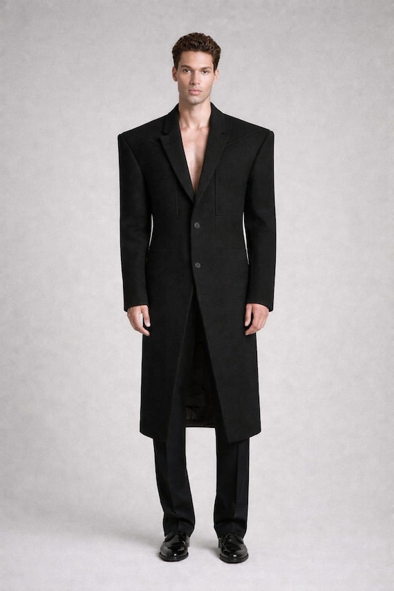 Men's Black Wool Long Coat – Victorian Gothic Tailcoat Style, Structured Shoulders