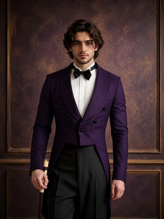 Men’s Purple Tailcoat Tuxedo with Black Pants – Double Breasted Formal Wedding & Evening Suit