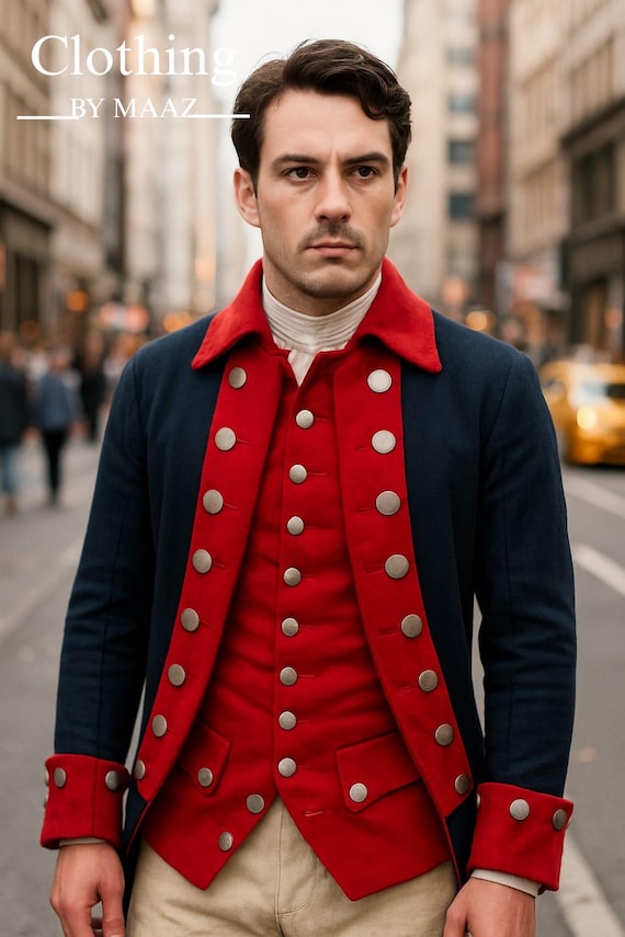 Men's Napoleon Blue Hussar Jacket: Military Style Red Pelisse Coat