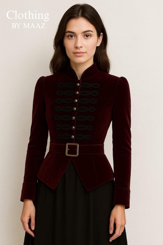 Women’s Military Victorian Steampunk Velvet Tailcoat Jacket, Vintage Gothic Style Renaissance Costume Outerwear